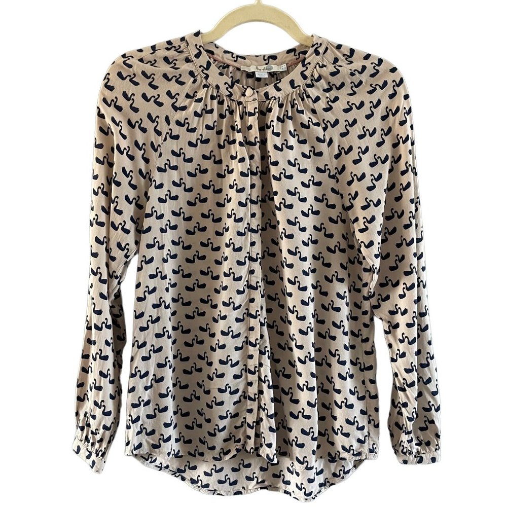 Boden Paris Cream Blue Swan Long Sleeve Crew Neck Button Down Top Blouse 4